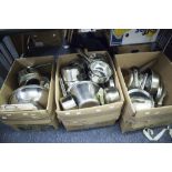 LARGE SELECTION OF POTS AND PANS, KITCHEN WARES (5 BOXES +)
