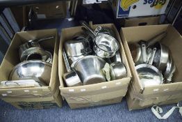 LARGE SELECTION OF POTS AND PANS, KITCHEN WARES (5 BOXES +)