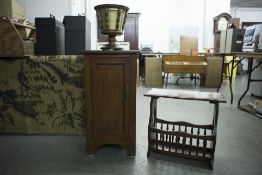 A LATE TWENTIETH CENTURY OAK MAGAZINE RACK, WITH TABLE TOP, A VICTORIAN SMALL STANDING CUPBOARD