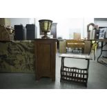 A LATE TWENTIETH CENTURY OAK MAGAZINE RACK, WITH TABLE TOP, A VICTORIAN SMALL STANDING CUPBOARD