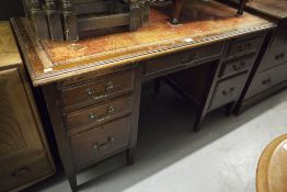 GEORGIAN STYLE MAHOGANY KNEEHOLE DESK, WITH TOOLED LEATHER INLET TOP SIX PEDESTAL DRAWERS AND SQUARE