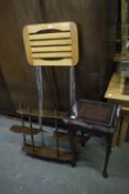A TUBULAR METAL FOLD FLAT STOOL A SMALL SET OF WALL SHELVES AND A SMALL OCCASIONAL TABLE (3)