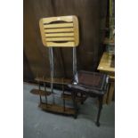 A TUBULAR METAL FOLD FLAT STOOL A SMALL SET OF WALL SHELVES AND A SMALL OCCASIONAL TABLE (3)