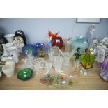 QUANTITY OF COLOURED GLASS, STUDIO GLASS, VASES, DOG AND CAT FIGURES, ANIMAL GLASS ORNAMENTS ETC....