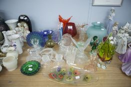 QUANTITY OF COLOURED GLASS, STUDIO GLASS, VASES, DOG AND CAT FIGURES, ANIMAL GLASS ORNAMENTS ETC....