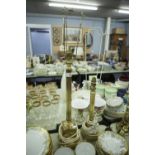 A PAIR OF BRASS TALE LAMPS, REEDED COLUMN ON PEDESTAL BASES, SILK SHAPED SHADE (2)