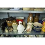 LARGE QUANTITY OF CERAMIC ANIMAL ORNAMENTS, PAIR OF LARGE BROWNWARE VASES, OTHER VASES, JUGS ETC...
