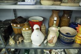 LARGE QUANTITY OF CERAMIC ANIMAL ORNAMENTS, PAIR OF LARGE BROWNWARE VASES, OTHER VASES, JUGS ETC...