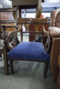 REGENCY MAHOGANY CARVED ARMCHAIR, WITH SCROLL ARMS (LEGS CUT DOWN AND BACK REPAIRED)