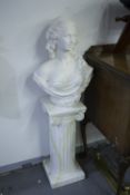 A WHITE PAINTED COMPOSITION BUST ON PEDESTAL, AND A BRASS TRAY/FOLDING TABLE TOP