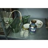 MIXED LOT - STYLISH GREEN GLASS JUG WITH WOVEN CANE HANDLE, SIMILAR ICE BUCKET, TWENTIETH CENTURY