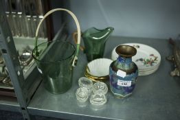 MIXED LOT - STYLISH GREEN GLASS JUG WITH WOVEN CANE HANDLE, SIMILAR ICE BUCKET, TWENTIETH CENTURY