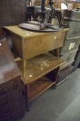 CIRCA 1960's TEAKWOOD HINGE TOP WORKBOX, ON TAPERING LEGS AND A TWO TIER TEA TROLLEY WITH SWIVEL AND