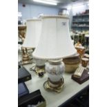 A PAIR OF MODERN CHINESE TABLE LAMPS, SATSUMA SHAPE WITH GREY GLAZE AND GILT DECORATED ON SQUARE