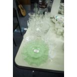 A QUANTITY OF MOULDED GLASS WARES, TO INCLUDE; SHERRY GLASSES, LEMONADE BOTTLE, VASES, A GLASS