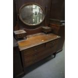 VICTORIAN MAHOGANY AND INLAY BEDROOM SUITE COMPRISING A DRESSING TABLE WITH CENTRAL SWING MIRROR,
