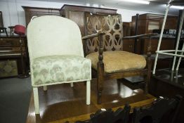 WHITE PAINTED LLOYD LOOM EASY CHAIR, WITH DRAWER TO THE SIDE, AND FOUR OTHER CHAIRS, INCLUDING A