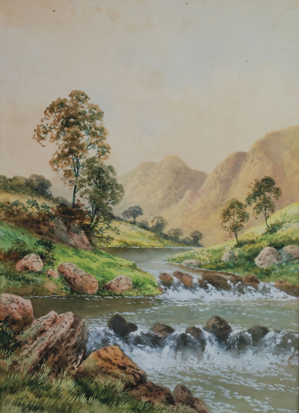 L. RAY (Early Twentieth Century) PAIR OF WATERCOLOUR DRAWINGS River landscapes with hills in the