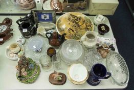 GLASS AND CHINA VARIOUS TO INCLUDE; TEAPOTS, PLATES, ORNAMENTS, LARGE WALL PLAQUE ETC....
