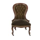 VICTORIAN MAHOGANY LADY'S EASY CHAIR, the waisted and deep buttoned back with moulded show wood