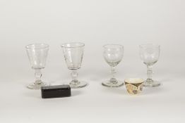 TWO PAIRS OF VICTORIAN OF ETCHED STEM WINE GLASSES, also a papier mache snuff box as a tiny