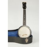 THE 'JE TEL' UKELELE BANJO, the 7 3/4" (19.7cm) diameter body and plated fittings, the top with