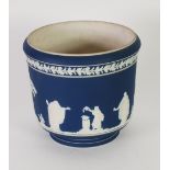 ADAMS DARK BLUE DIPPED JASPER WARE POTTERY JARDINIERE of steep sided, footed form, applied in