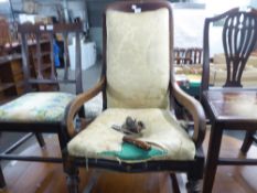 AN EARLY VICTORIAN MAHOGANY ROCKING CHAIR WITH SCROLL ARMS