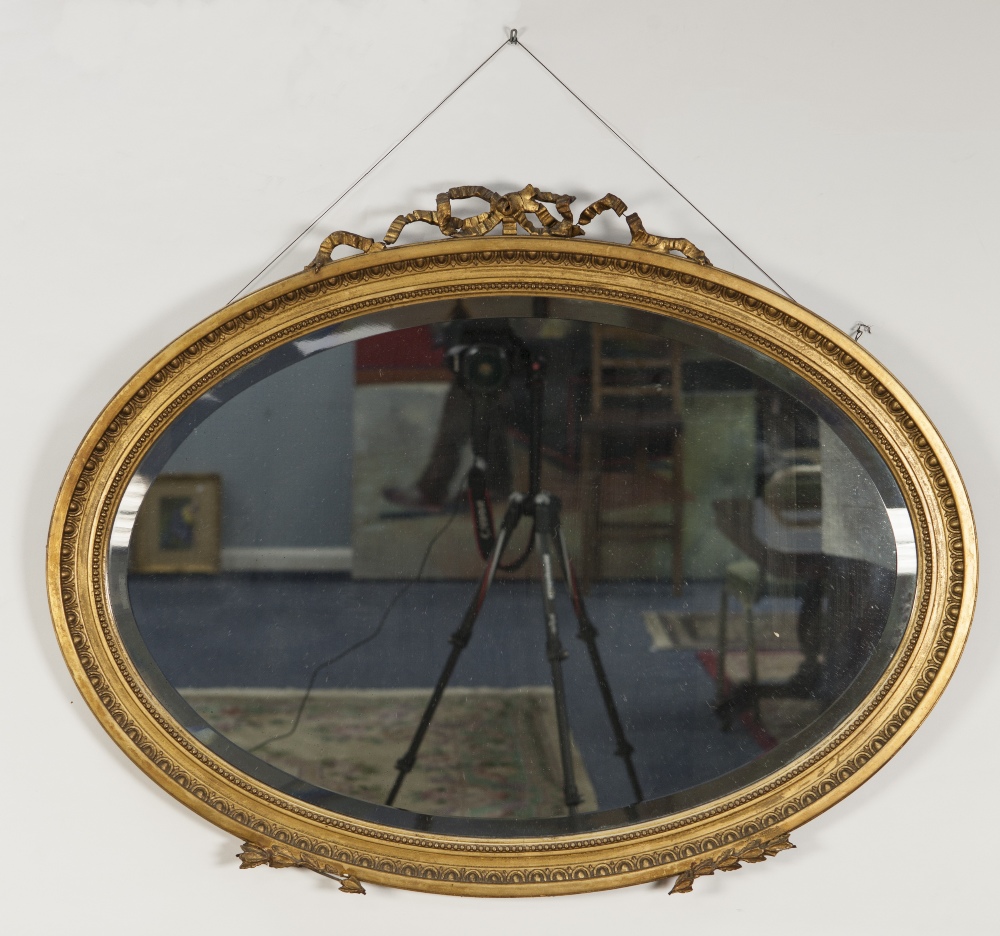 REGENCY STYLE OVAL GILT GESSO WALL MIRROR, the bevel edged plate in a moulded frame with ribbon tied - Image 3 of 3