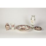 SEVEN PIECES OF VICTORIAN AND LATER ROYAL CROWN DERBY, COMPRISING; A FLORAL PAINTED TWO HANDLED