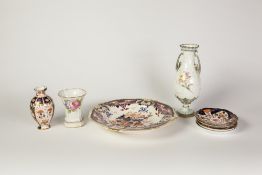 SEVEN PIECES OF VICTORIAN AND LATER ROYAL CROWN DERBY, COMPRISING; A FLORAL PAINTED TWO HANDLED
