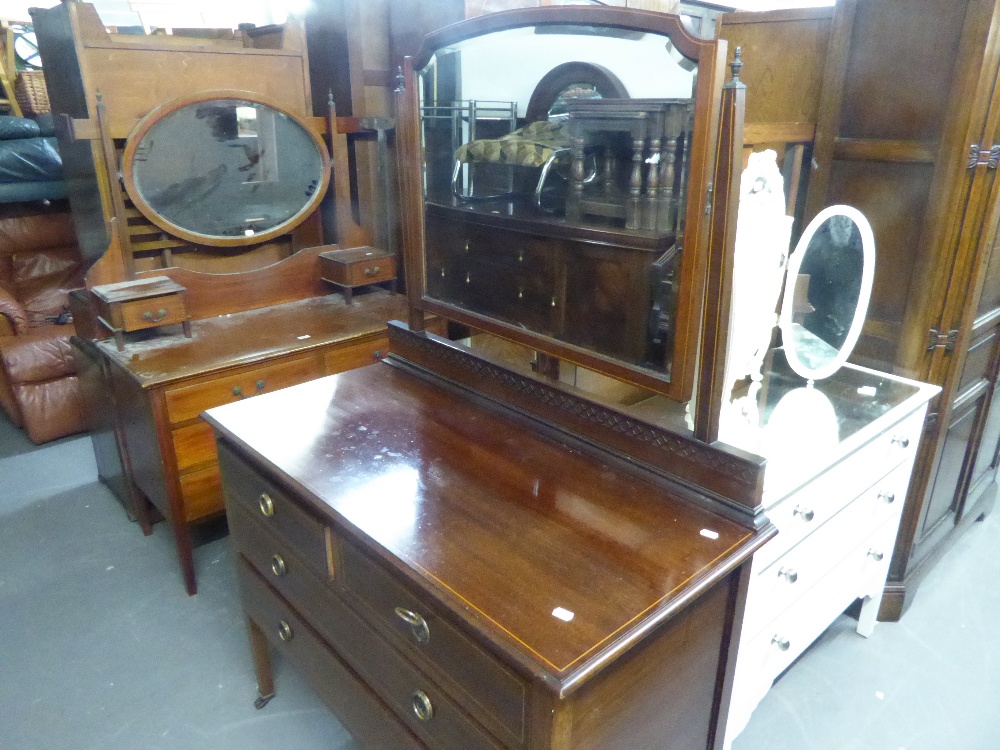 A VICTORIAN MAHOGANY AND INLAID FOUR PIECE BEDROOM SUITE, COMPRISING; A TRIPLE WARDROBE, CENTRAL