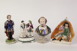 FOUR PIECES OF STAFFORDSHIRE POTTERY TO INCLUDE; FLAT BACK 'BONNIE PRINCE CHARLIE', TWO WILLIAM