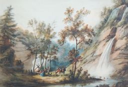 IN THE MANNER OF RICHARD WILSON WATERCOLOUR DRAWING Figures with a mule and campfire by a