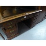 A VICTORIAN MAHOGANY KNEEHOLE PEDESTAL DESK, LEATHER INSET TOP, CENTRAL DRAWER OVER KNEEHOLE, EACH