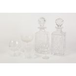 TWO CUT GLASS SQUARE SPIRIT DECANTERS, a set of 7 cut glass spirit TUMBLERS, a set of 7 cut glass