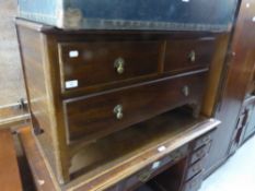 A VICTORIAN MAHOGANY LOW CHEST OF DRAWERS, RAISED BACK OVER TWO SHORT AND ONE LONG DRAWER, ON SQUARE