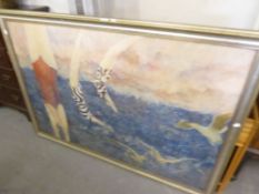 WOODRDIGE TWENTIETH CENTURY OIL ON CANVAS DIVERS AND SEAGULS SIGNED LOWER LIGHT