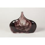 EARLY MDINA MOULDED AMETHYST GLASS 'FISH VASE', 5 1/2" (14cm) high, paper label