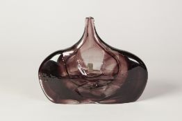 EARLY MDINA MOULDED AMETHYST GLASS 'FISH VASE', 5 1/2" (14cm) high, paper label