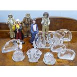 NINE PIECES OF MODERN SIGNED SWEDISH GLASS, also five modern studio pottery model clown figures