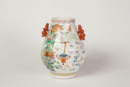 NINETEENTH/TWENTIETH CENTURY CHINESE TWO HANDLED ENAMELLED PORCELAIN VASE, of footed baluster form