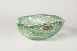 FRATELLI TOSO MURANO BULLICANTE GLASS BOWL, of steep sided triangular form with coloured cane