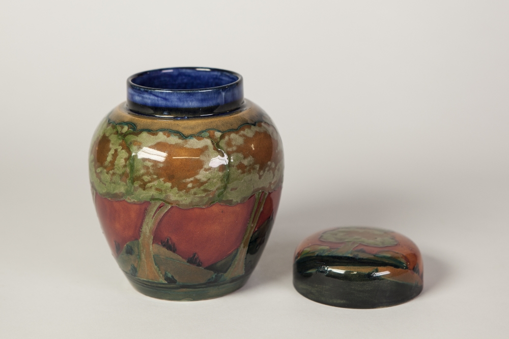 WILLIAM MOORCROFT 'EVENTIDE' PATTERN TUBE LINED POTTERY GINGER JAR AND COVER, of typical form, 5 1/ - Image 2 of 2