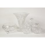 FIVE PIECES OF MODERN CUT GLASS, COMPRISING; TRUMPET VASE, 10 1/2" (26.7cm) high, TWO BASKETS, JAR