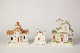 NINETEENTH CENTURY STAFFORDSHIRE PORCELLANEOUS COTTAGE PASTILLE BURNER AND PEN HOLDER, on scroll