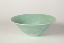 A PILKINGTONS ROYAL LANCASTRIAN POTTERY MONOCHROME TURQUOISE/ GREEN GLAZED RIBBED AND FLARED BOWL,