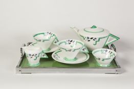SEVEN PIECE SHELLEY ART DECO GREEN 'J' PATTERN 'VOGUE' CHINA TEA FOR TWO SET, comprising; TEAPOT,