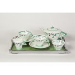 SEVEN PIECE SHELLEY ART DECO GREEN 'J' PATTERN 'VOGUE' CHINA TEA FOR TWO SET, comprising; TEAPOT,