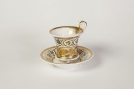 NINETEENTH CENTURY HAND PAINTED PARIS PORCELAIN CABINET CUP AND SAUCER, painted in colour and gilt